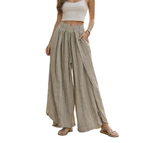 NWT Free People Lunar Cove Sand Combo Striped Wide Leg Cotton Pants Tan Small - Picture 1 of 5
